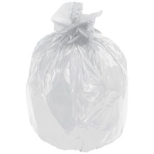 A clear Second Chance Trash Liner, 20-30 gallon and 1.1 Mil thick, is tightly tied at the top, creating a gathered look. Its coreless design and durable material highlight its shape and texture against a plain background, indicating it holds trash or other items.
