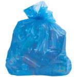 The MH-USA Blue Recycling Trash Liner, a 13-gallon bag with 1.5 mil thickness, securely ties at the top and efficiently holds recyclables like plastic bottles and cans for disposal.