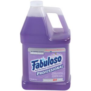 The Fabuloso® Lavender Cleaner is presented in a 1-gallon purple jug, offering a soothing lavender scent and strong degreasing capabilities, suitable for up to 64 uses, ideal for professional cleaning.