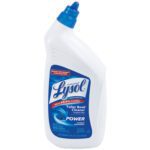 A 32 oz. white plastic bottle of Lysol® Toilet Bowl Cleaner features a blue nozzle and label that highlights its ability to kill 99.9% of viruses and bacteria for effective cleaning, sold in cases of 12 to meet extensive hygiene needs.
