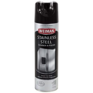 The 17 oz. Weiman® Stainless Steel Cleaner and Polish comes in a black and silver can with white text, featuring a refrigerator image. It ensures a streak-free shine and resists fingerprints, combining elegance and practicality.