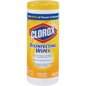 The Clorox® Disinfecting Wipes - Lemon Scent container has a yellow label and contains 35 wipes, with each case holding 12 containers. They effectively kill 99.9% of viruses and bacteria, including cold and flu strains, totaling 9.1 oz (258g).