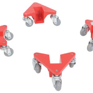 Four Vestil Corner Mover Dolly Alum skates, designed for narrow slots with durable metal structure and swivel caster wheels, support up to 200 pounds each. They are displayed in a triangular arrangement on a white background.