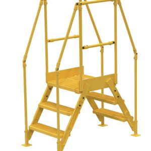 The Vestil Cross-Over Ladder 3 Step 28 H 14 W In is a durable yellow metal platform with three steps per side, measuring 28 inches high and 14 inches wide. Equipped with safety railings, it is designed for industrial or construction use.
