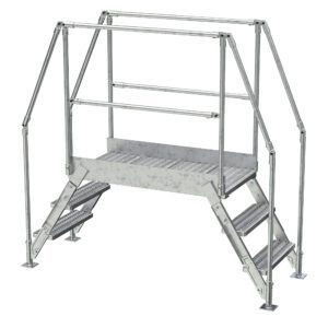 The Vestil Galvanized Cross-Over Ladder 78X72.15 In 3 Step is a durable metal platform featuring dual stairways with safety handrails for industrial settings, and offers grated surfaces to provide traction and support, making it ideal for construction environments.