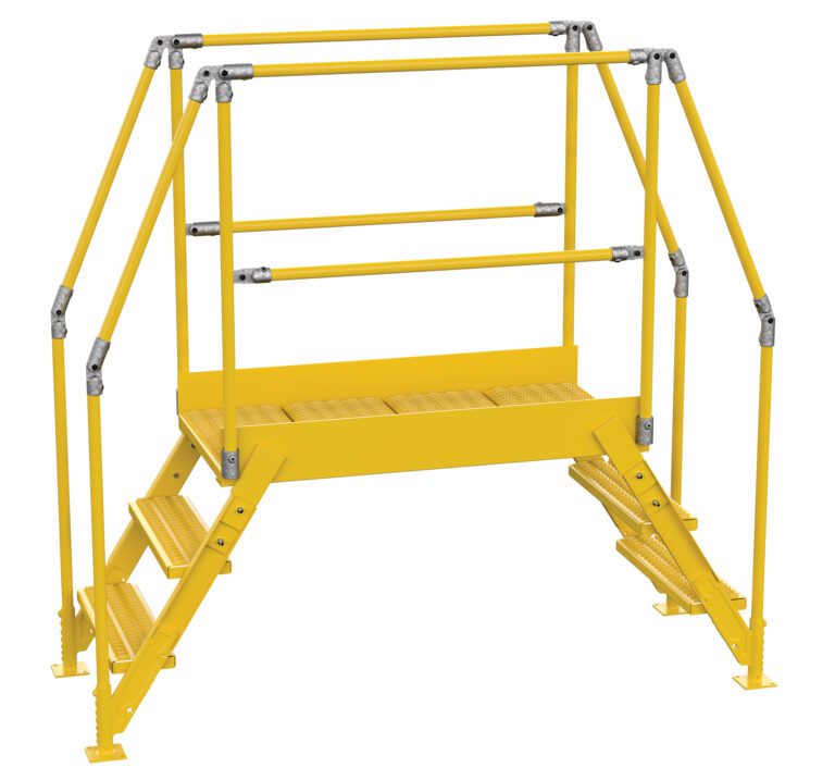 COL-3-26-33_A.jpg The Vestil Cross-Over Ladder 3 Step is yellow, featuring railings on both sides for secure navigation over obstacles. Standing 28 inches high and 38 inches wide, it is crafted from metal for industrial use, ensuring stability and safety.