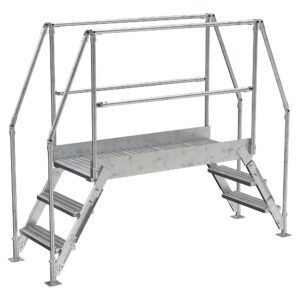 The Vestil Galvanized Cross-Over Ladder, 90.5X72.15 inches, features handrails on both sides and steps that lead to a grated platform. This fully metallic, industrial ladder includes safety handrails and non-slip treads.