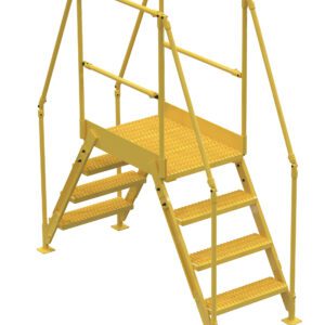 The Vestil Cross-Over Ladder 4 Step, 38-inch high and 14-inch wide, features a yellow metal platform with guardrails and steps on both sides, offering a sturdy and secure design for safe usage from either side.