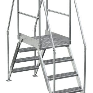 The Vestil Galvanized Cross-Over Ladder 79X82.15 In 4 Step features a metallic finish, robust steps, dual handrails, and a top platform. Ideal for industrial or construction use, it offers safety and durability in demanding settings.