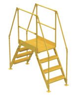 The Vestil Cross-Over Ladder 4 Step, 38H x 26W, features a yellow industrial metal staircase with dual-sided steps, a grated central platform, and top safety railings for secure passage in industrial settings.