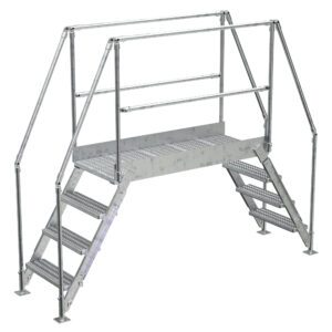The Vestil Galvanized Cross-Over Ladder 103X82.15 In 4 Step features dual sets of steps, a grated platform, and sturdy railings, making it ideal for industrial applications and ensuring safe passage over obstacles.