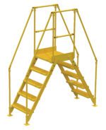 The Vestil Cross-Over Ladder 5 Step, in a yellow metal design with wide textured steps and dual handrails, provides secure access to elevated areas. Its symmetrically crafted for optimal safety, standing 48 inches high and 14 inches wide.