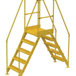 The Vestil Cross-Over Ladder 5 Step, in a yellow metal design with wide textured steps and dual handrails, provides secure access to elevated areas. Its symmetrically crafted for optimal safety, standing 48 inches high and 14 inches wide.