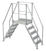 The Vestil Galvanized Cross-Over Ladder 91.5X92.15 In 5 Step features sturdy handrails and a central platform, enabling safe pedestrian passage over obstacles like pipes or machinery with its durable design.
