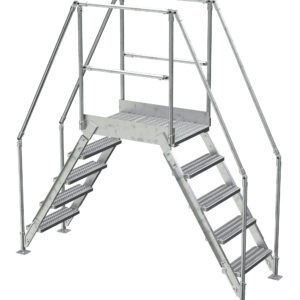 The Vestil Galvanized Cross-Over Ladder 91.5X92.15 In 5 Step features sturdy handrails and a central platform, enabling safe pedestrian passage over obstacles like pipes or machinery with its durable design.