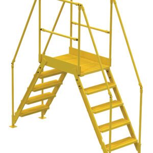 The Vestil Cross-Over Ladder 5 Step 48 H 26 W In boasts non-slip steps, safety railings, and two stair sets leading to a central platform, ideal for safely crossing over obstacles in its industrial yellow design.