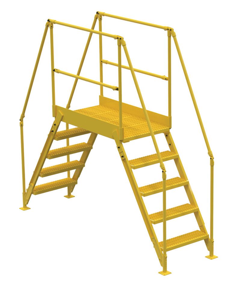 COL-5-46-33_A.jpg The Vestil Cross-Over Ladder 5 Step features a yellow metal design with handrails for safety, a grated platform for secure footing, and measures 48 inches high by 38 inches wide, making it ideal for stepping over obstacles easily.