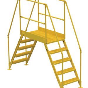 The Vestil Cross-Over Ladder 5 Step features a yellow metal design with handrails for safety, a grated platform for secure footing, and measures 48 inches high by 38 inches wide, making it ideal for stepping over obstacles easily.