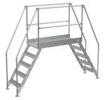 The Vestil Galvanized Cross-Over Ladder 115.5x92.15In offers industrial strength and safety with guardrails and a grated platform. Its galvanized steel frame ensures durability, featuring two sets of three steps for easy access on either side.