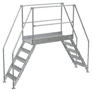 The Vestil Galvanized Cross-Over Ladder 115.5x92.15In offers industrial strength and safety with guardrails and a grated platform. Its galvanized steel frame ensures durability, featuring two sets of three steps for easy access on either side.