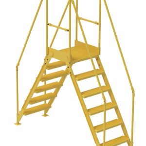 The Vestil Cross-Over Ladder 6 Step, measuring 58 inches high and 14 inches wide, is a robust structure with yellow metal safety stairs and railings, featuring two sets of steps converging at a central platform. It is expertly designed for industrial or construction use.