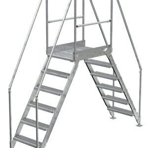 The Vestil Galvanized Cross-Over Ladder 104X102.5 In 6-Step includes a metal frame with double perforated steps leading to a secure platform, equipped with side and platform safety rails for enhanced protection.