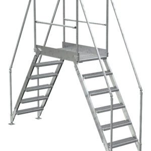 The Vestil Galvanized Cross-Over Ladder 116X102.5 In 6 Step provides a robust metal platform, handrails on both sides, and a grated walkway for secure passage over obstacles.