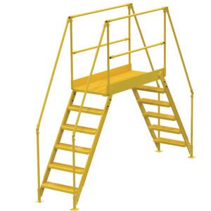 The Vestil Cross-Over Ladder 6 Step, measuring 58 high and 50 wide, features a yellow industrial design with non-slip platform and handrails. Its dual-sided stairs allow easy access over workplace obstacles, supported by a sturdy metal construction.