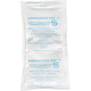 Two white Container Dri® II packets by Süd-Chemie, each sized 10 x 5 3/4 x 1, come in individual bags (32/Case) to protect cargo from moisture, with contact info and usage instructions included.