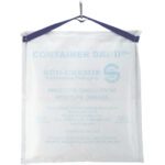 The 18 x 22 x 1 1/2 Container Dri® II Plus (6/Case) bag, labeled for performance packaging, hangs translucently from a metal hook to protect cargo from moisture damage.