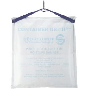 The 18 x 22 x 1 1/2 Container Dri® II Plus (6/Case) bag, labeled for performance packaging, hangs translucently from a metal hook to protect cargo from moisture damage.