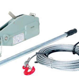 The gray Vestil Long Reach Cable Puller 1500 Lb is a robust hand winch with two levers, a long handle, and a coiled steel cable ending in a red hook, showcased on a white background.