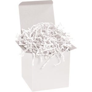 An open gift box filled with 10 lbs of MH-USA White Crinkle Paper sits elegantly on a white background, its simple exterior enhanced by the delicate texture of the crinkled paper inside.