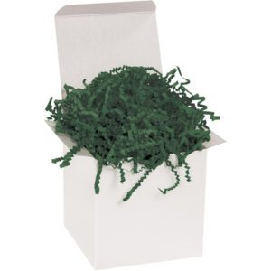 An open white cardboard box reveals MH-USA 10 lb. Forest Green Crinkle Paper nestled inside, adding vibrant elegance to the plain white backdrop.