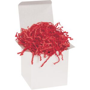 A white gift box, open with the lid partially upright, is filled with MH-USA 10 lb. Red Crinkle Paper (10 Lbs/Case), creating a striking contrast to its pristine exterior—perfect for any special occasion.
