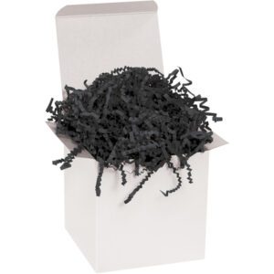 A white box overflows with MH-USA 10 lb. Black Crinkle Paper, with black shreds elegantly spilling over the edges, perfect for packing or decoration.