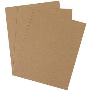Three sheets of brown Kraft paper are fanned out and overlapping, resembling MH-USA 11 x 14 Chipboard Pads (530 Pads/Case). The arrangement is clean and simple, with a smooth texture enhancing its uniform appeal.