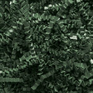 A close-up of MH-USA 40 lb. Forest Green Crinkle Paper (40 Lbs/Case) shows zigzag-shaped shreds with a textured, fluffy look, perfect for packing material.
