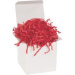 A white open box overflowing with MH-USA 40 lb. Red Crinkle Paper for securing items.