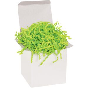 A white open gift box filled with MH-USA 40 lb. Lime Crinkle Paper brilliantly displays its vibrant green hues, creating a playful touch.
