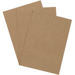 Three sheets of MH-USA 5 x 7 chipboard pads, similar to brown kraft paper, overlap in a fan-like pattern on a white background. The textured surface and earthy color enhance their appeal.