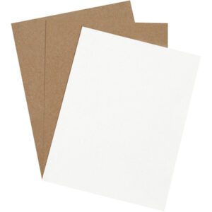 A MH-USA 8 1/2 x 11 White Chipboard Pad from the 960 Pads/Case is displayed on top of two brown sheets, fanned out against a plain white background.