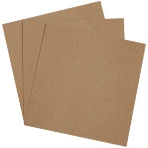 Three overlapping MH-USA 8 x 8 Chipboard Pads are fanned out, showcasing their sturdy texture. Each square-shaped pad resembles the grainy feel of sandpaper and is set against a plain white background.