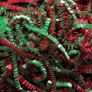 Interwoven zigzag-shaped paper strips in red, green, and brown from MH-USA 10 lb. Christmas Blend Crinkle Paper evoke a festive theme with their textured and crumpled appearance.