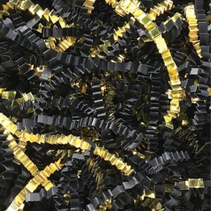 The MH-USA 10 lb. Black and Gold Metallic Blend Crinkle Paper features an intricate mix of crinkled ribbons, offering a textured and festive look.