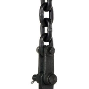The Vestil Vertical Plate Clamp With Chain 1000 Lb is a durable lifting tool in blue and black, equipped with a secure hook and chain, ideal for safe and efficient industrial material transport.