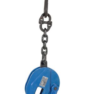 The blue Vestil Vertical Plate Clamp With Chain 2000 lb, designed for securely gripping and hoisting heavy objects, is elegantly suspended against a plain white background.