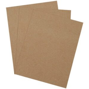 On a white backdrop, three brown kraft paper sheets are slightly off-center, resembling MH-USA 9 x 12 Heavy Duty Chipboard Pads (640 Pads/Case), known for their durability and reliability.
