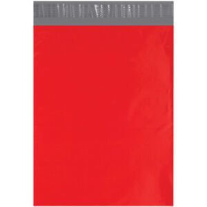 The MH-USA 12 x 15 1/2 red poly mailers, sold in cases of 100, feature a gray sealing strip and a glossy finish for securely and stylishly shipping items.