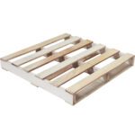 The MH-USA 36 x 36 Lbs1 Recycled Wood Pallet features a rectangular design with horizontal slats and strong vertical blocks, supporting up to 1500 lbs. Isolated on white for industrial needs, it’s sold in stacks of ten.